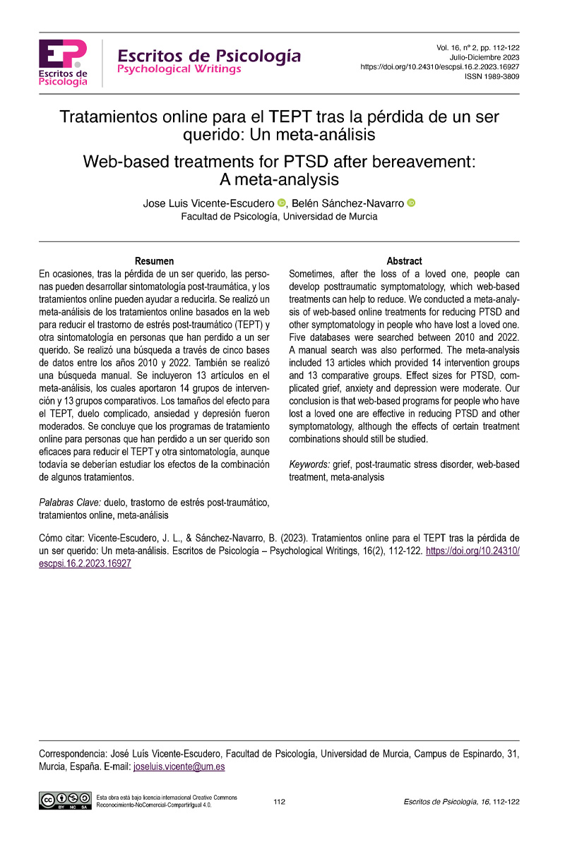 Tratamientos online para el TEPT tras la pérdida de un ser querido: Un meta-análisis