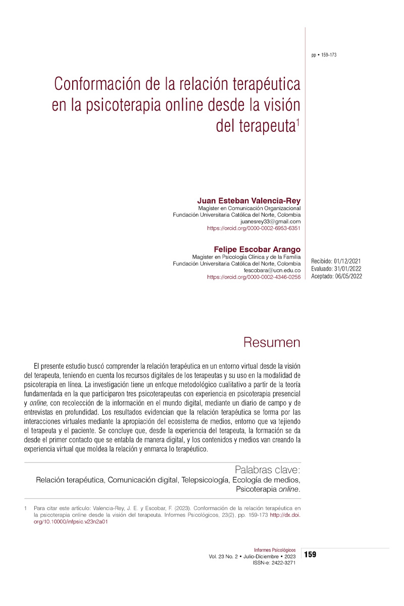 Conformación de la relación terapéutica en la psicoterapia online desde la visión del terapeuta