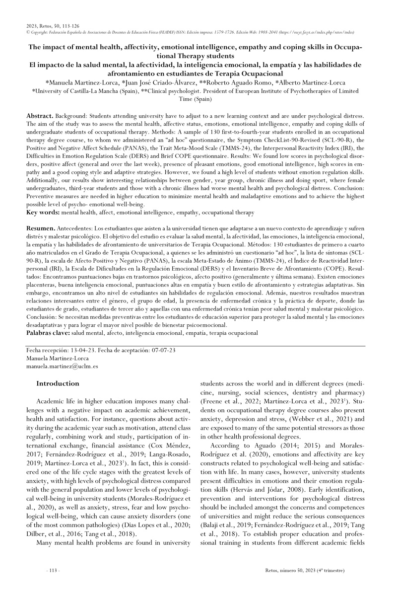 El impacto de la salud mental, la afectividad, la inteligencia emocional, la empatía y las habilidades de afrontamiento en estudiantes de Terapia Ocupacional