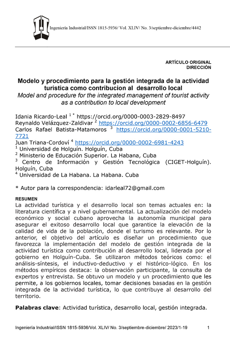 Modelo y procedimiento para la gestión integrada de la actividad turística como contribución al desarrollo local
