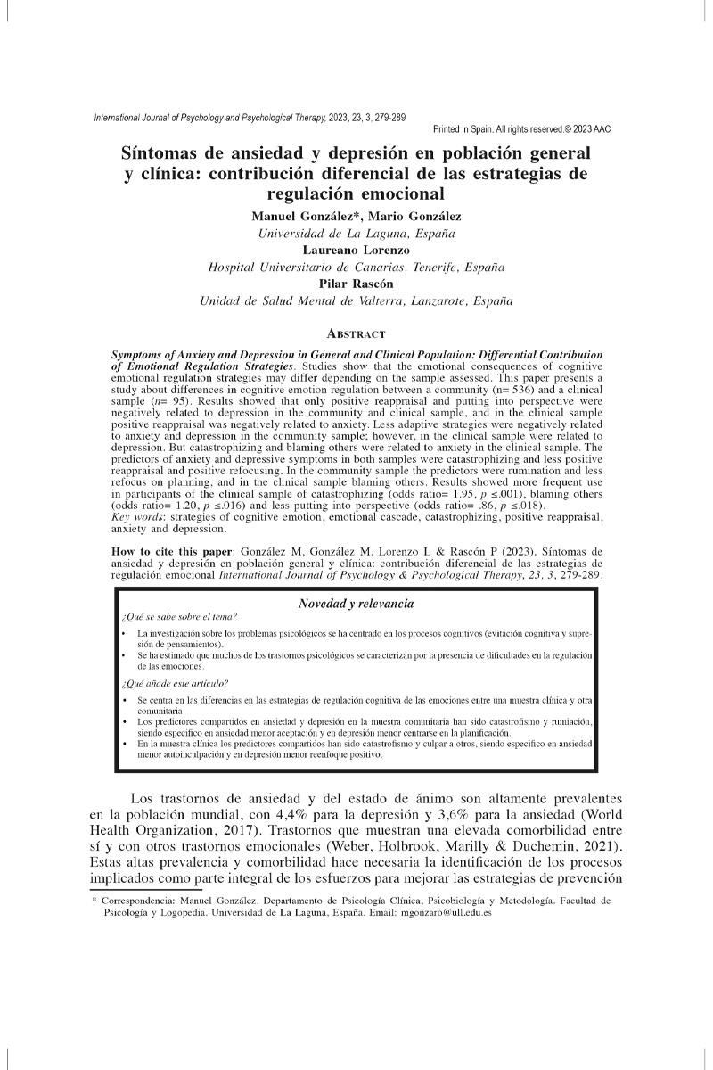 Síntomas de ansiedad y depresión en población general y clínica: contribución diferencial de las estrategias de regulación emocional